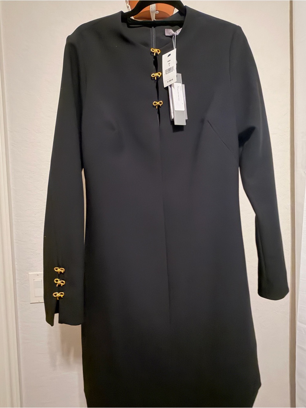 Lela Rose Black Long-Sleeve Sheath Dress with Gold Knot Buttons